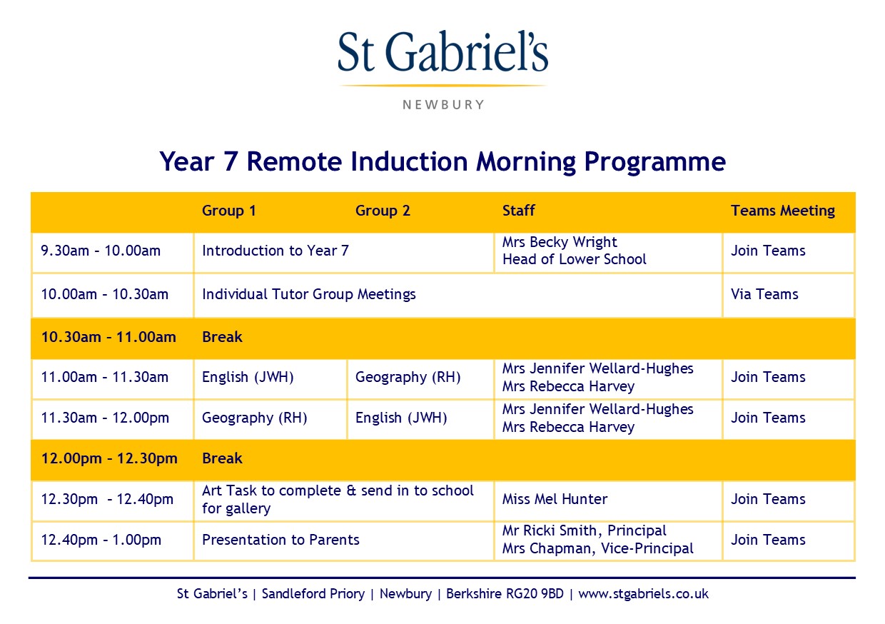 St Gabriel's Year 7 2020 Remote Induction Morning